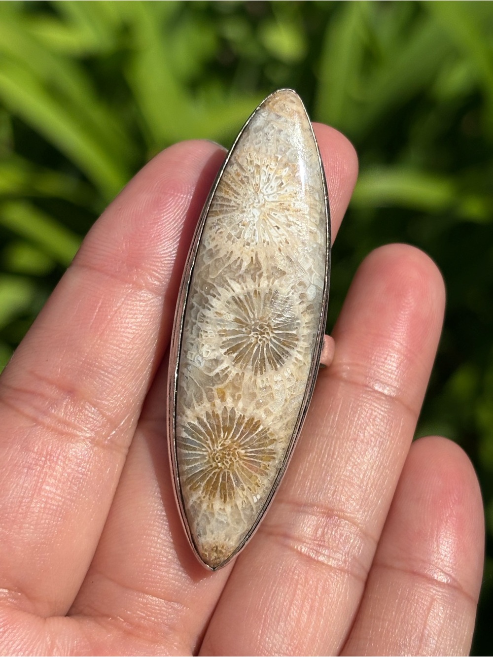 SIZE 10.5 Handcrafted Fossil Coral Marquise Ring in Beige